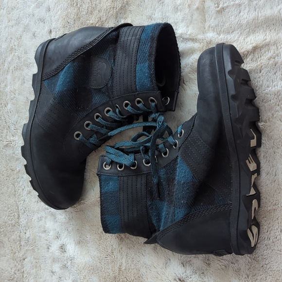 Sorel PDX Women's Lace Up Lexi Wedge Boots Booties Blue Black Plaid Size 10 - Picture 7 of 10